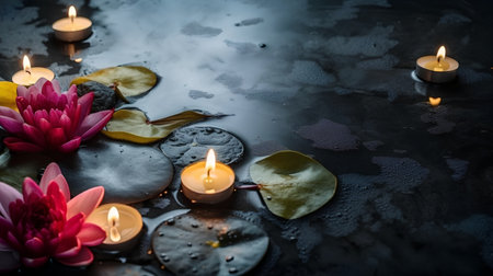 Spa still life with lotus flower and candles on black backgroundの素材