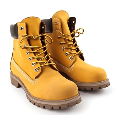 Yellow boots isolated on white background. Clipping path included for easy extraction.の素材