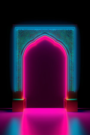 Illuminated arabic portal with blue and pink neon lights.の素材