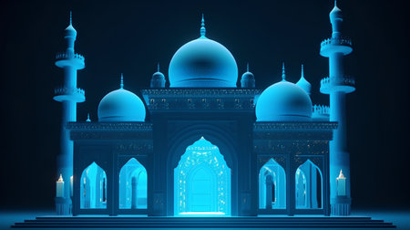 3d illustration of mosque with blue light in the dark background.の素材