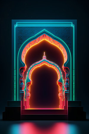 Ramadan Kareem greeting card with mosque in neon light. 3D renderingの素材
