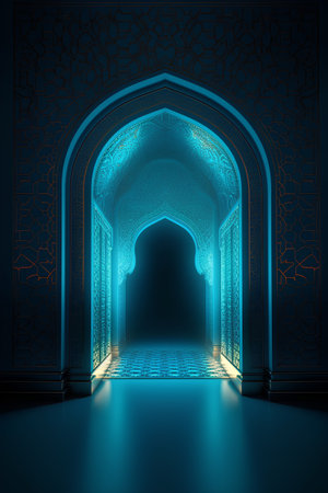 3D rendering of an illuminated door in the middle of a mosqueの素材
