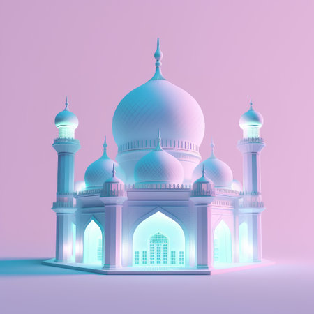 3d illustration of mosque with lights and shadow on a pink backgroundの素材