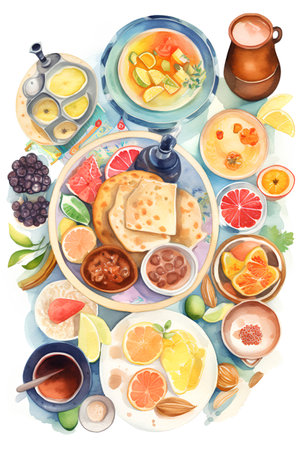 Watercolor breakfast set. Milk tea, pancakes, fruits, berries, honey, jam, coffee, tea.の素材
