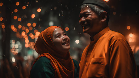 Malaysian muslim couple at night in Kuala Lumpur, Malaysiaの素材