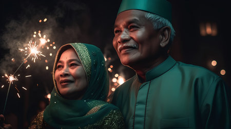 Portrait of senior Asian muslim man and woman with sparklersの素材