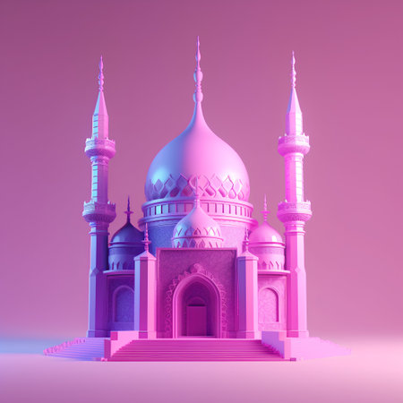 3d illustration of mosque on pink background. Ramadan Kareem.の素材
