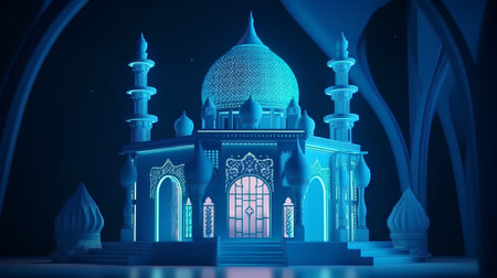 Illustration of a mosque in the middle of the night with blue lightsの素材