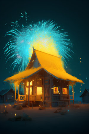 Fireworks over the house at night, 3d render illustration.の素材