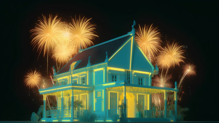 3D illustration of a beautiful house with fireworks in the night skyの素材