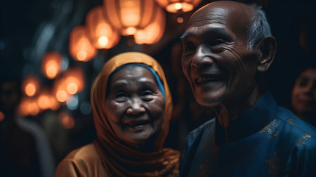 Happy asian senior couple smiling and looking at camera in the templeの素材
