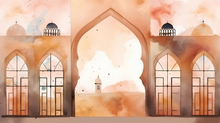 Watercolor illustration of mosque. Suitable for greeting card, poster and banner.の素材
