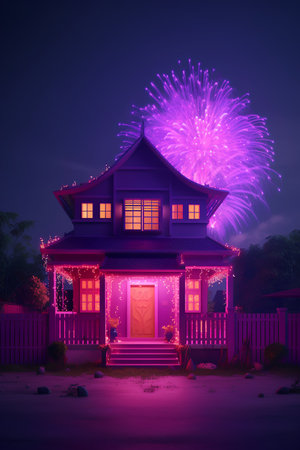 Beautiful Chinese house with firework in the night sky background.の素材