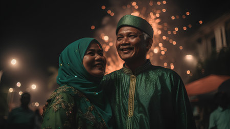 Happy muslim couple celebrating Eid al-Fitr in the cityの素材