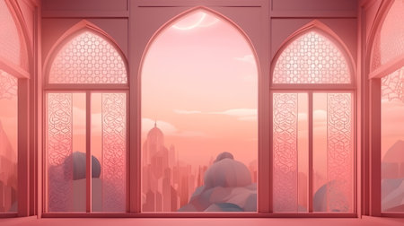 Arabic window in the mosque. 3D rendering. Pink background.の素材