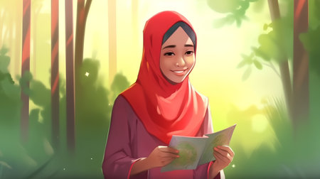 Young muslim woman reading a book in the forest,3d renderの素材