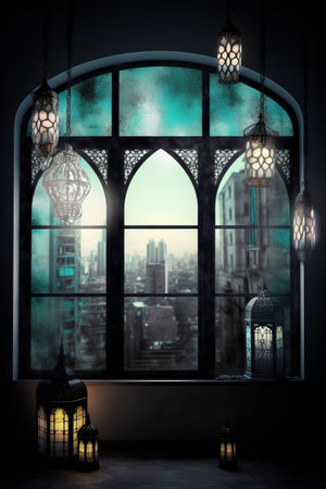 Arabic window with lanterns and cityscape in background at nightの素材