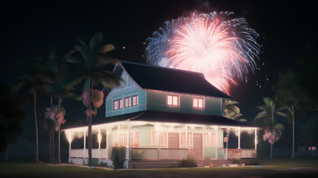 Fireworks display in front of a house at night in the tropicsの素材