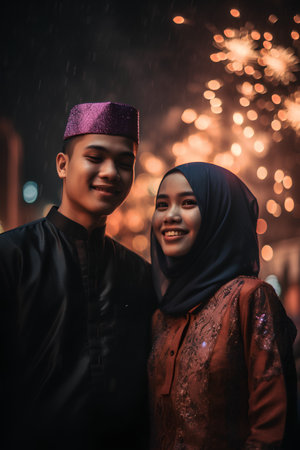muslim couple at night in the city with bokeh backgroundの素材