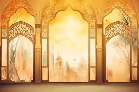 Ramadan Kareem background with arabic window and mosque.の素材