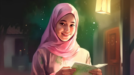 Hijab woman reading quran in ramadan kareemの素材