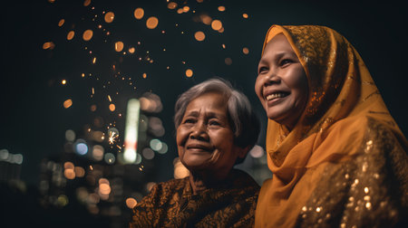 Portrait of asian muslim woman and her daughter celebrating new yearの素材