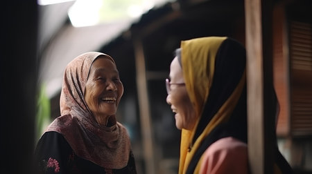 Two Muslim women in traditional clothes looking at each other and smiling.の素材