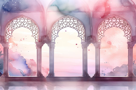 Arabic window with watercolor background. Watercolor painting illustration.の素材