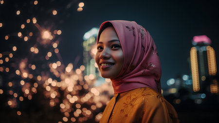 Portrait of a beautiful muslim woman in the city at nightの素材