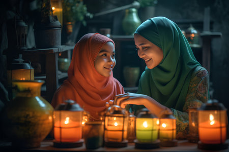 Muslim woman and her mother praying at night. Ramadan Kareem concept.の素材