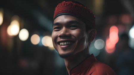 Portrait of a smiling young asian man in a red hatの素材