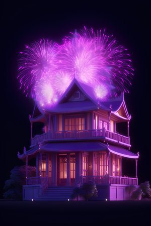 Fireworks over the house in the night. 3D rendering.の素材