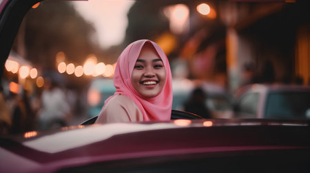 Portrait of young beautiful asian muslim woman wearing hijab smiling and driving car at nightの素材