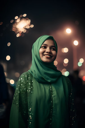 Portrait of a beautiful asian muslim woman wearing green hijabの素材