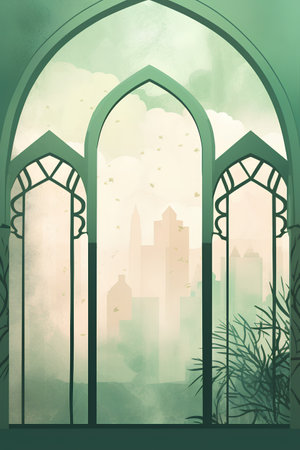 Grunge background with arched window and cityscape. Vector illustration.の素材