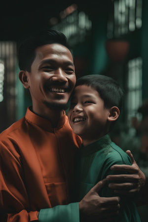 Portrait of a happy asian father and son in traditional costumeの素材