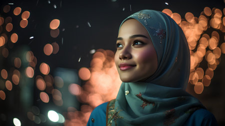 Beautiful young Asian muslim woman wearing traditional headscarf at nightの素材