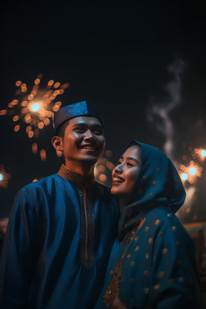 Portrait of asian muslim couple celebrating new year with fireworksの素材