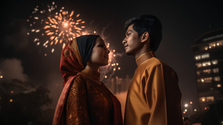 Portrait of a beautiful asian muslim couple looking at fireworksの素材