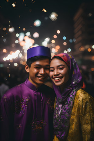 muslim couple in the city at night with fireworks in the backgroundの素材