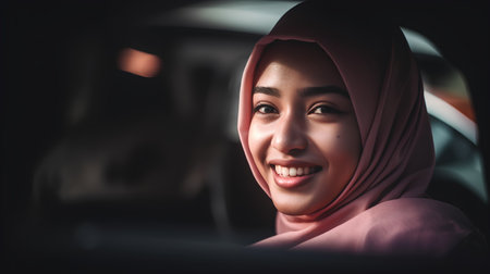 Portrait of a beautiful young asian muslim woman smiling while driving carの素材