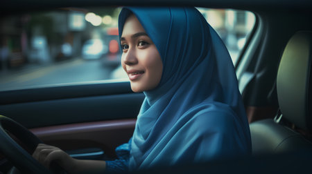 Portrait of beautiful muslim woman wearing hijab while driving a carの素材