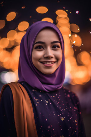 Portrait of a beautiful muslim woman wearing hijab with bokeh backgroundの素材