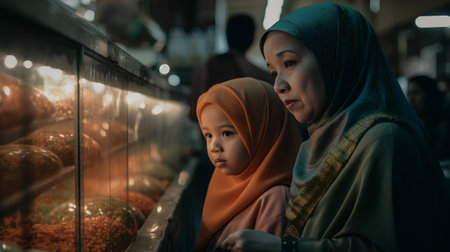 muslim woman with her little daughter in the market, stock photoの素材