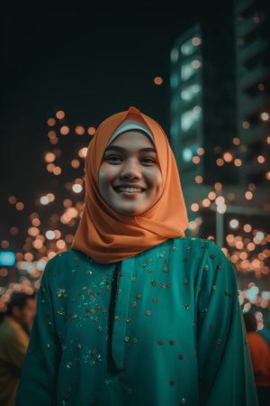 Hijab woman wearing headscarf with bokeh background.の素材