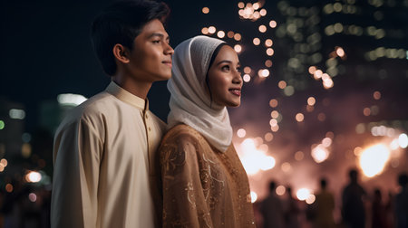 muslim couple standing in front of fireworks at night in the cityの素材
