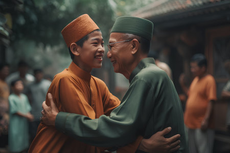 Vietnamese senior monk and his grandson in traditional clothes at the templeの素材
