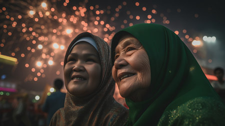 Portrait of an old Muslim woman with her granddaughter in front of fireworksの素材