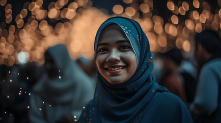 Muslim woman wearing hijab looking at the camera with bokeh backgroundの素材