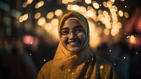 Portrait of a young muslim woman wearing a headscarf and glasses.の素材